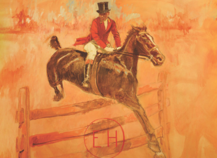 Mural of a man on a horse that is the base of the Peapack-Gladstone Bank logo.